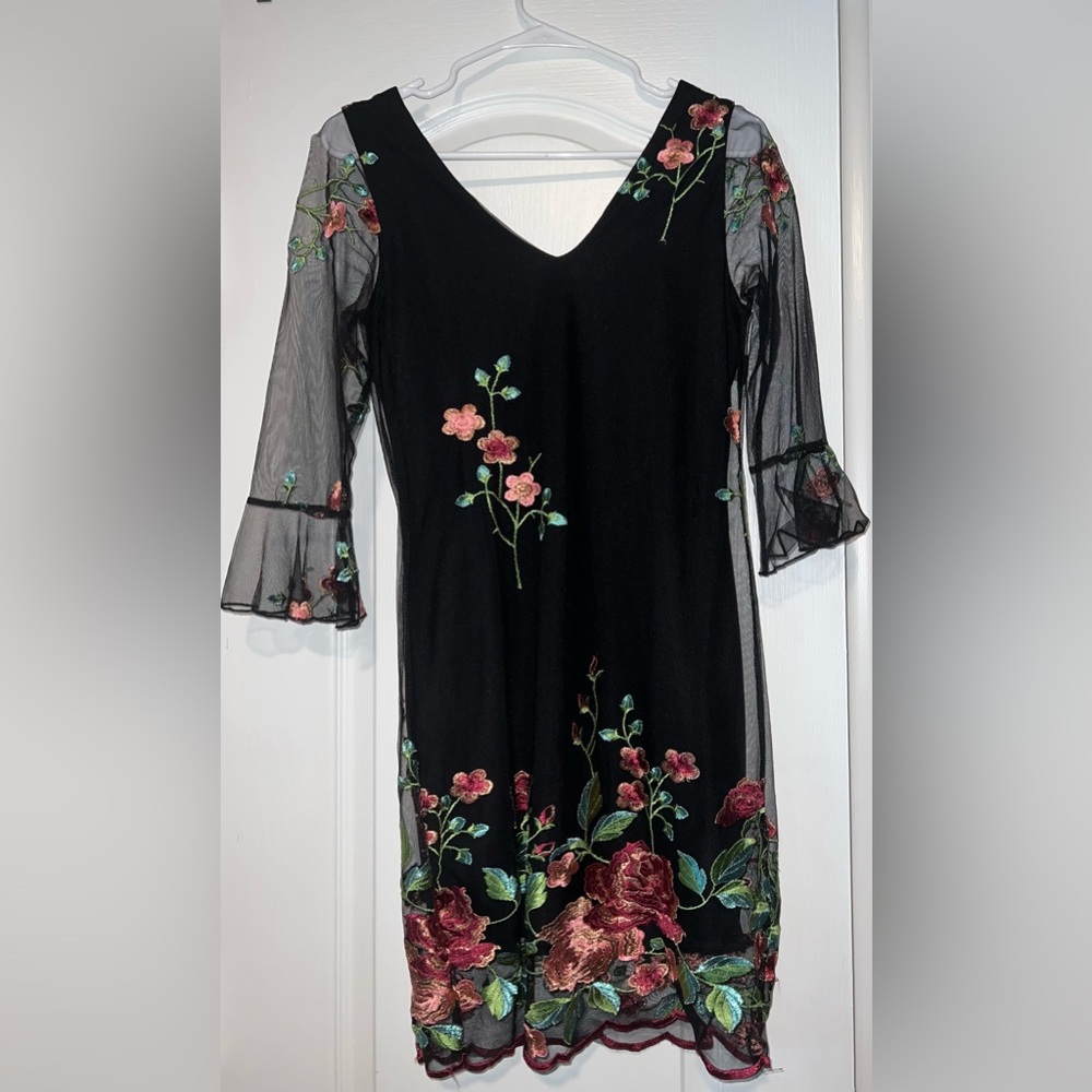 Honey and Rosie 3/4 Sleeve Floral Embroidered Sheath Dress